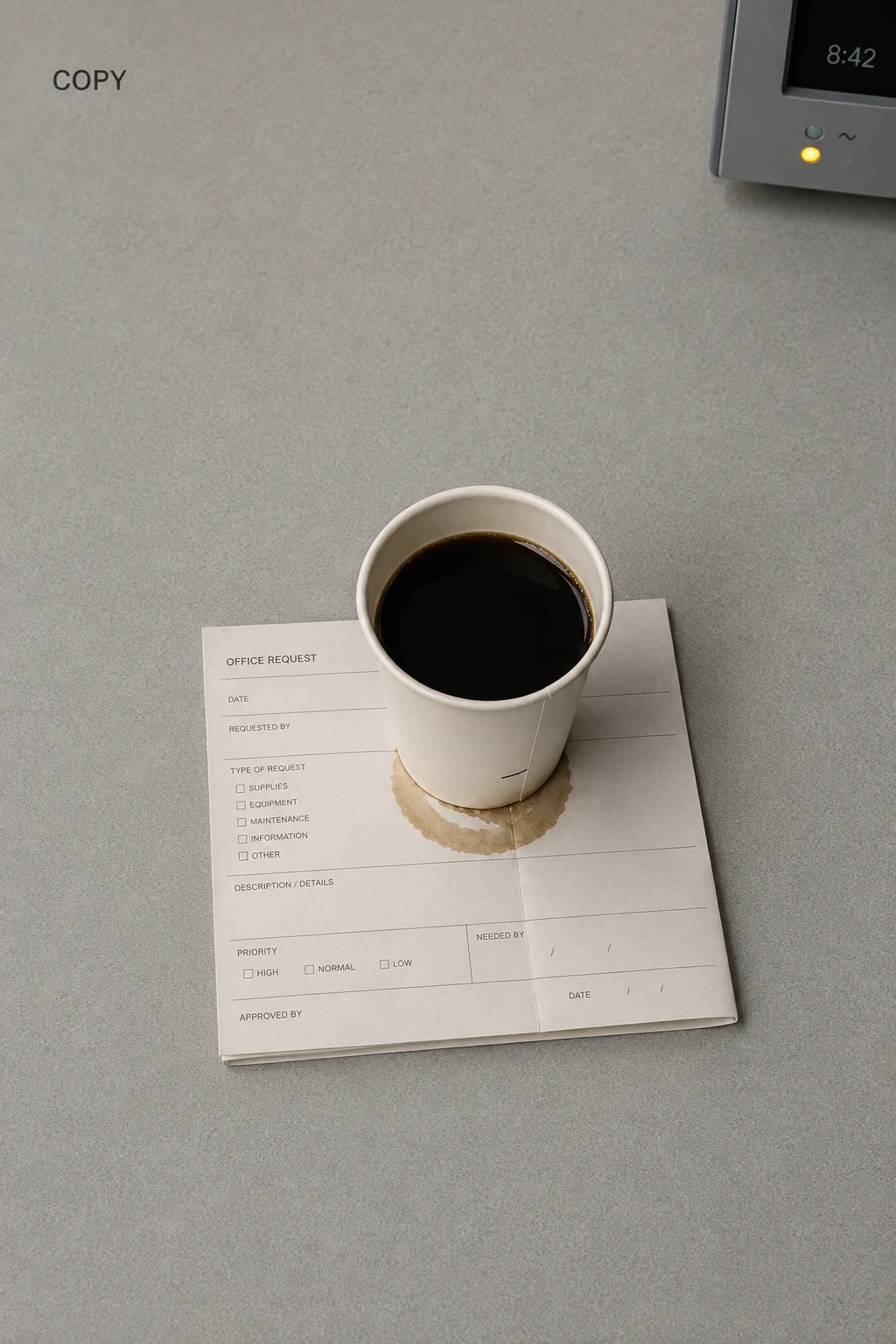 Cover of Think About Something Pleasant: a paper coffee cup on a folded office request form, a coffee ring beside it, a desk clock reading 8:42.